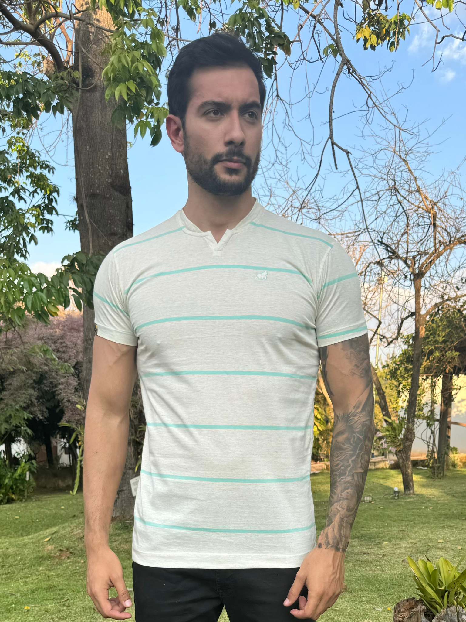 CAMISETA LINHO LISTRA VERDE ÁGUA