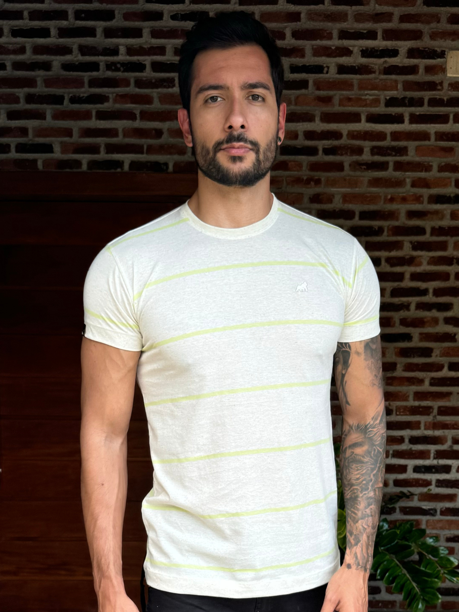 CAMISETA LINHO LISTRA AMARELA