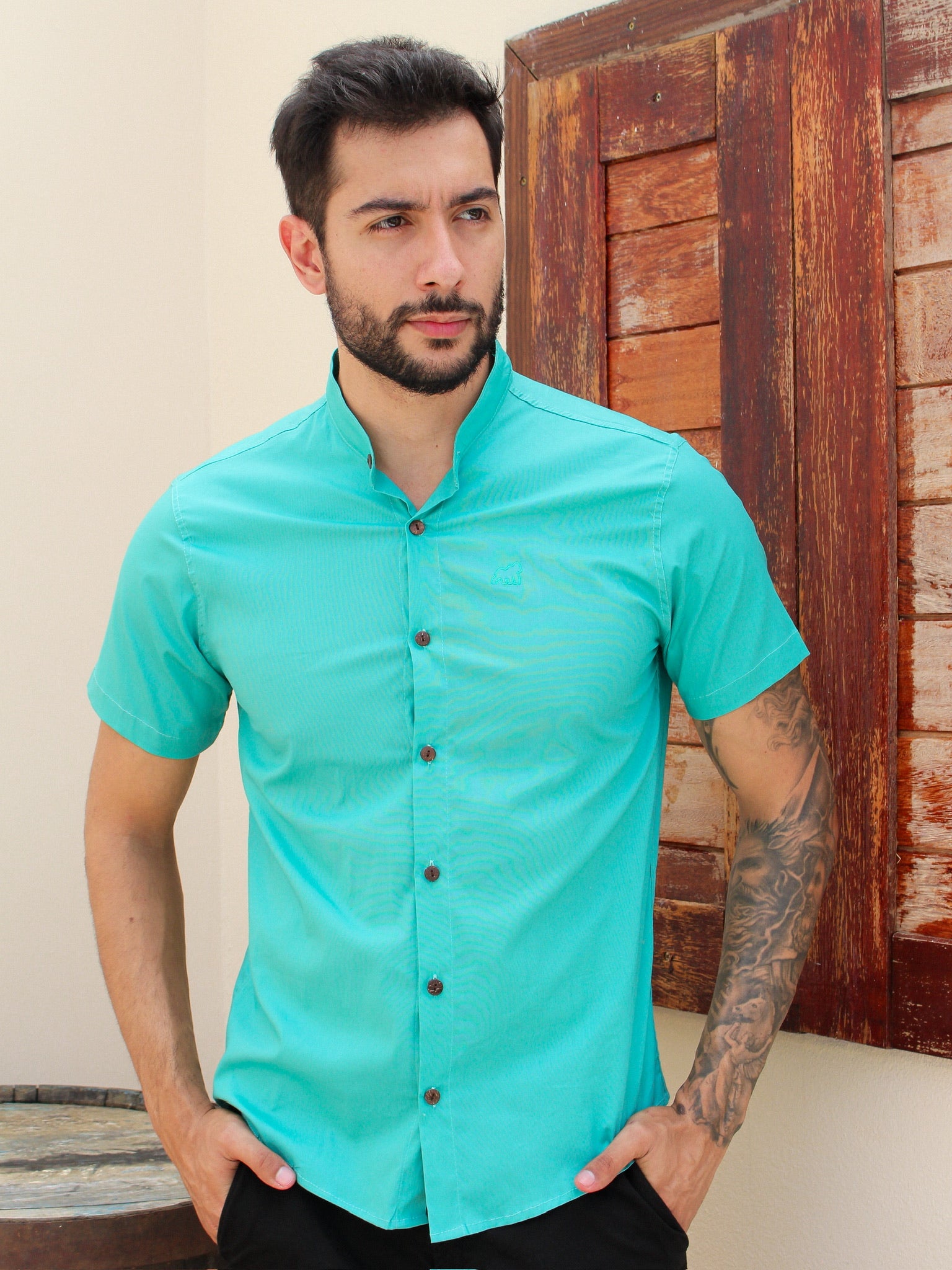 CAMISA SOCIAL GOLA PADRE VERDE ÁGUA