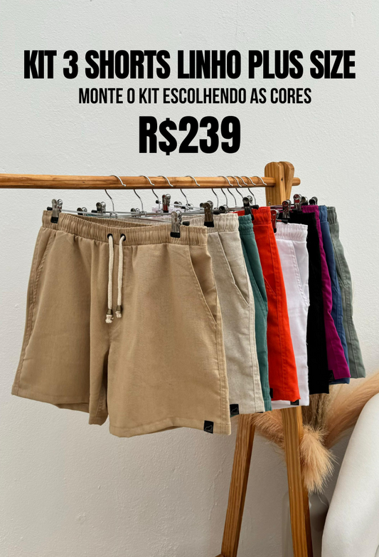 KIT 3 SHORTS DE LINHO CASUAL PLUS MASCULINO 239,90  - ESCOLHA AS CORES