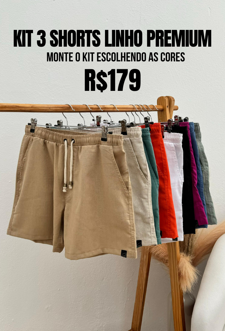 KIT 3 SHORTS DE LINHO CASUAL MASCULINO 179,90  - ESCOLHA AS CORES