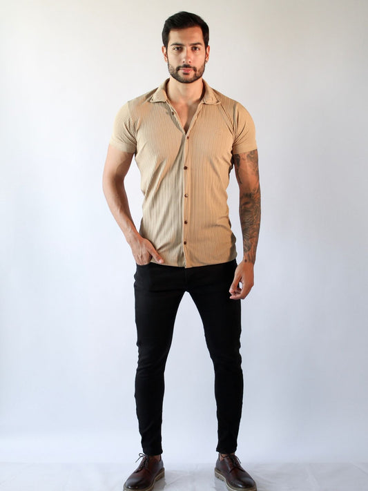 CAMISA SOCIAL CANELADA BEGE