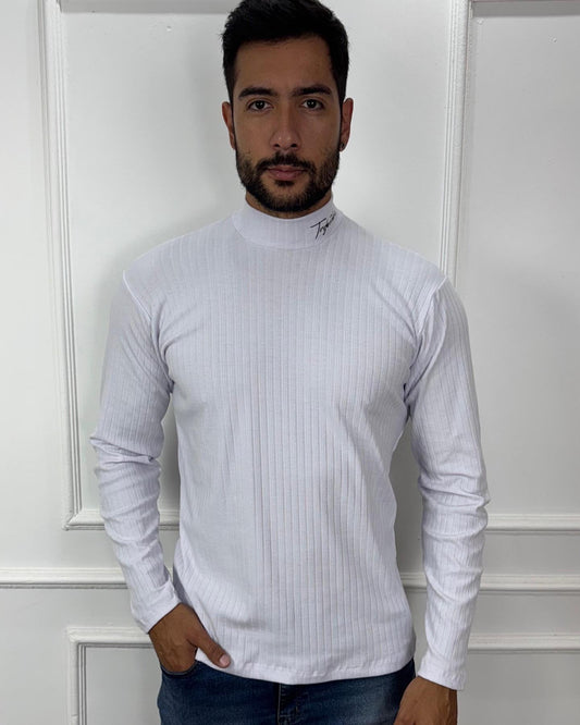 CAMISA MANGA LONGA GOLA ALTA CANELADA COM ELASTANO - BRANCA