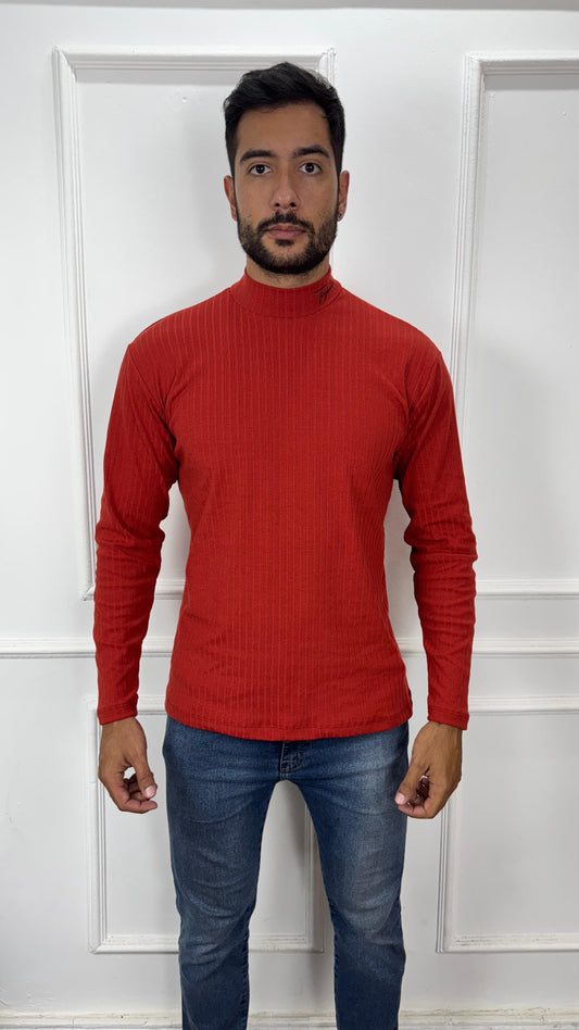 CAMISA MANGA LONGA GOLA ALTA CANELADA COM ELASTANO - VERMELHA